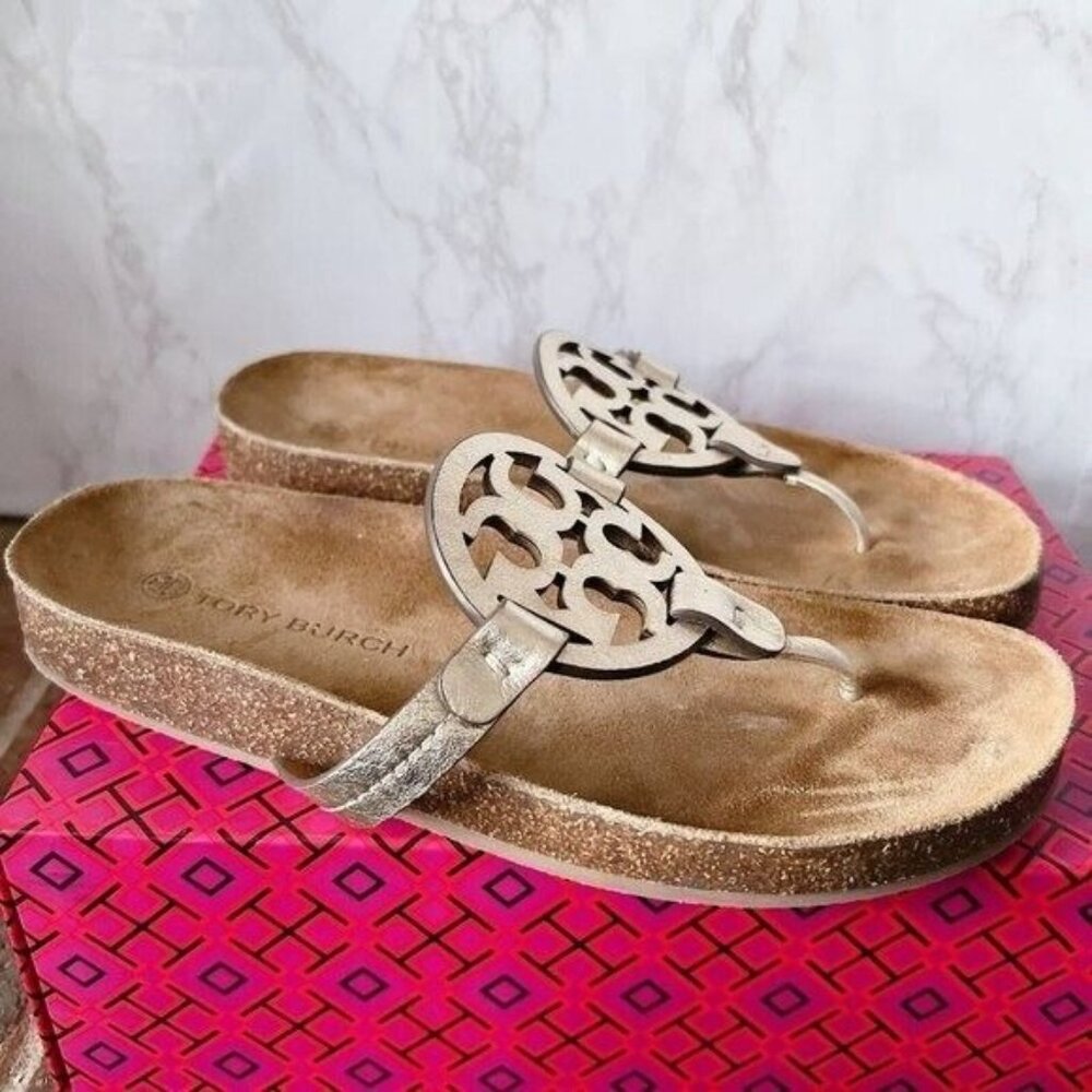 Tory Burch Miller Cloud Thong Flat Sandals Spark Gold Leather Womens US 8 - Picture 2 of 8